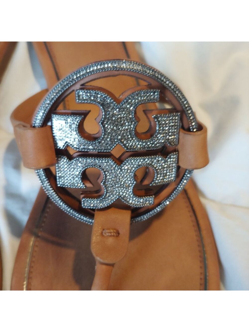 Tory Burch Miller Crystal Logo Sandals Leather Thong Rhinestone Medallion 11 - Picture 5 of 13